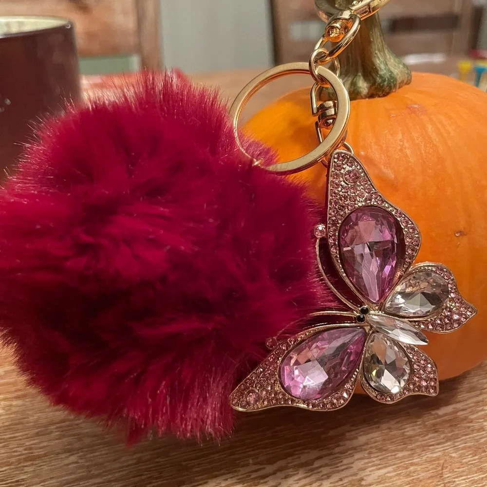 Butterfly Keychain with Burgundy Red Pom Pom